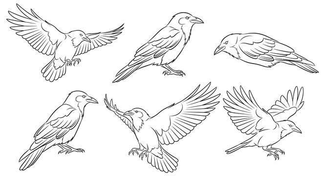 Black Crow Bird Set in Various Poses, Hand-Drawn Vector Illustration