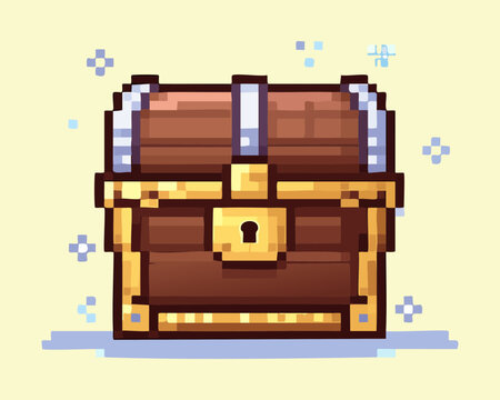 Golden trim treasure chest pixel art for rare item collection and dungeon boss rewards in retro fantasy adventure games