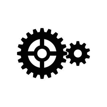 Two black interlocking gears, one large and one small, representing machinery and mechanical systems on a white background.
