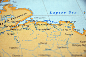 Fototapeta premium Ust-Olenek Location on World Map with Soft Blurred Background Minimal Geographic Concept