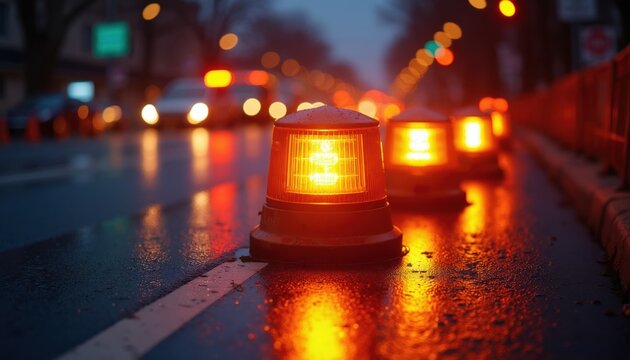 Orange warning lights flash on wet road at dusk. Traffic guides through urban construction zone with vehicle lights reflecting on wet asphalt surface.