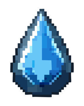 Large crystal water drop pixel art for purity themes and hydration reminder icons in retro health app interface design