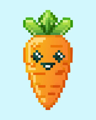 Obraz premium Kawaii carrot vegetable pixel art character with big eyes for healthy eating promotion and farm life simulation game interface design project assets