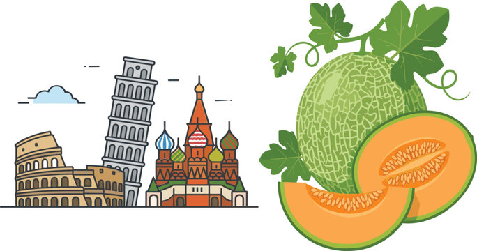 World Landmark and Fresh Cantaloupe Melon Collection Vector Illustration Set