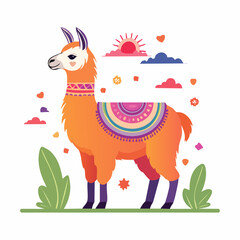 Obraz premium Cute Llama Illustration with Colorful Blanket and Sun