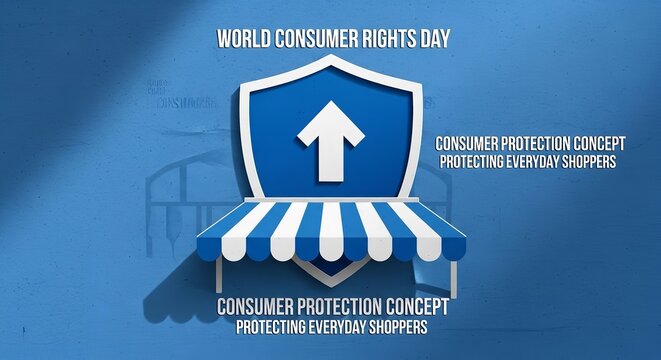 Consumer protection concept shield icon with striped awning on world consumer rights day background