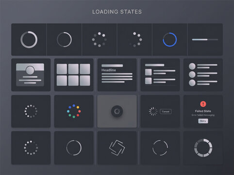 Loading states UI kit. Progress indicators, spinners and skeleton screen interface elements.