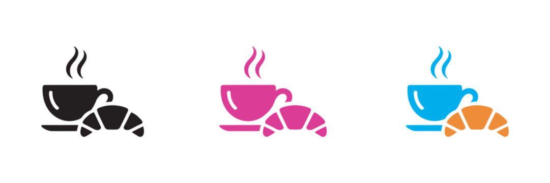 Coffee croissant breakfast cafe icon vector, fresh breakfast pastry and hot coffee symbol, bakery caf&eacute; menu icon, clean modern illustration set
