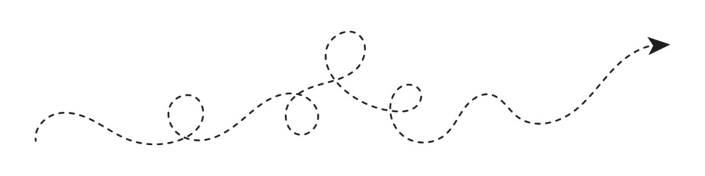Black dotted squiggle line dashed arrows. Wavy and curved dashed arrow isolated on transparent background. Vector Illustration