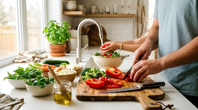 A couple prepares a healthy meal together in their bright, modern kitchen, surrounded by fresh ingredients and cooking tools