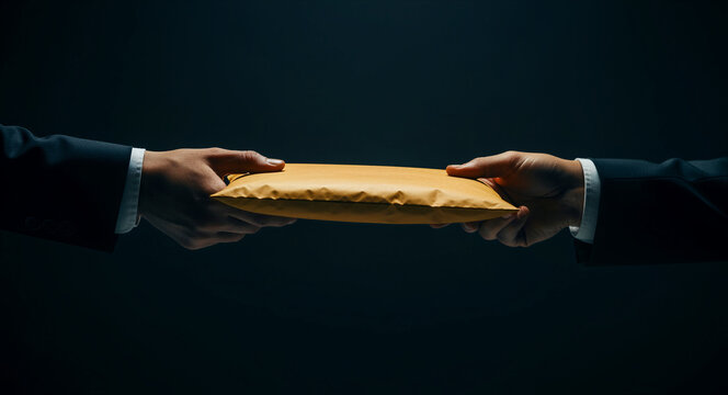 Hands in suits exchanging a padded yellow envelope in darkness. Anonymous business people passing a suspicious package. Corruption and illegal deal concept for corporate crime or legal campaigns.