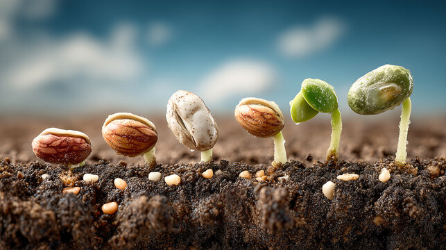 Series of bean seeds germinating underground, showing growth stages from seed to sprout above soil, illustrating natural process of plant development
