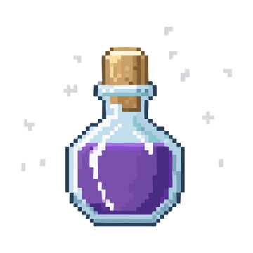 Small mystic elixir flask pixel illustration for fantasy game alchemy inventory and magical power up item for retro style digital game developers