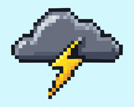 Stormy grey cloud pixel illustration with lightning for weather forecast theme and dangerous natural phenomenon icon for adventure game environment design