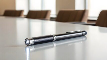 Fototapeta premium Laser Pointer Device Placed On Meeting Room Tabletop, Corporate Scene Representing Presentation Tools, Modern Office Communication, And Professional Work Environment
