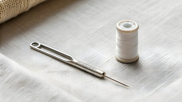 Needle Threader Laying Beside Spool On Neutral Cloth, Small Sewing Accessories Representing Handcraft Skill, Fashion Detail, And Traditional Creative Hobby
