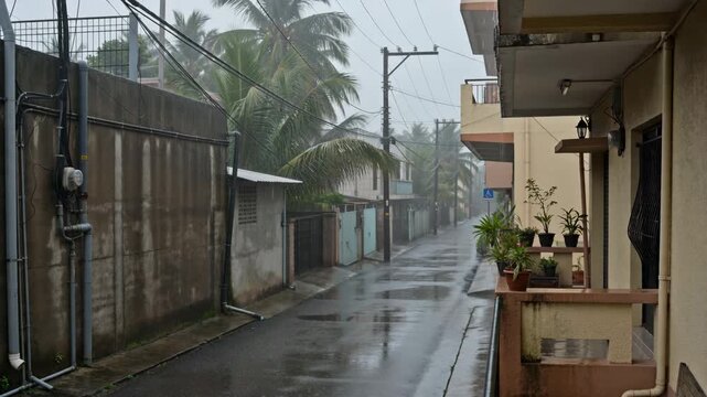 Quiet Urban Street During a Drizzly Day with Palm Trees and Wet Pavements Reflecting the Overcast