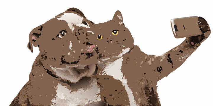 dog and cat taking a selfie digital illustration on white background