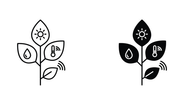 Smart agriculture sensor icon set depicting plant growth monitoring technology with sun water and temperature symbols in line art and solid black styles for agritech and sustainability concepts