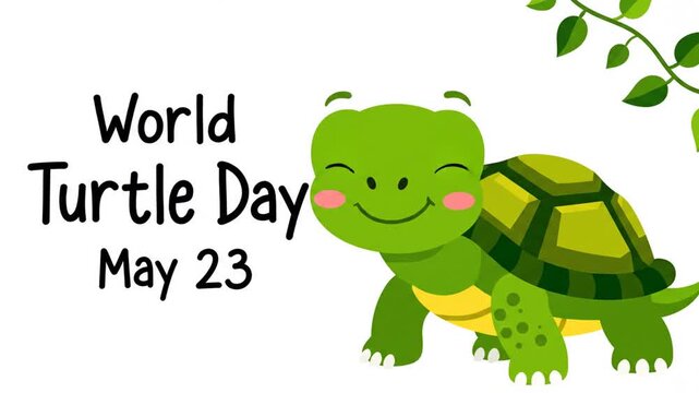 Cute cartoon turtle celebrating World Turtle Day on May 23rd, with green leaves.