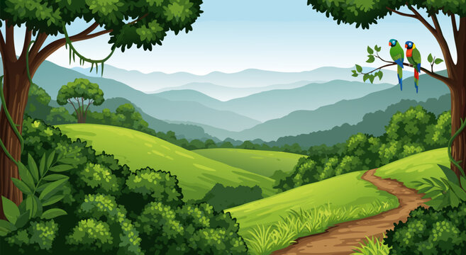 Vibrant vector illustration of lush green rolling hills and mountains under a clear sky, with two parrots perched on a tree branch, capturing a serene natural landscape