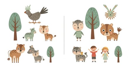 Fototapeta premium Whimsical Cartoon Animals and Trees on White Background.