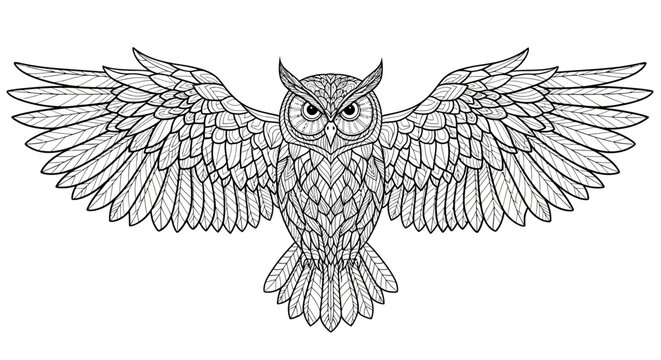 Detailed owl illustration with open wings and geometric patterns