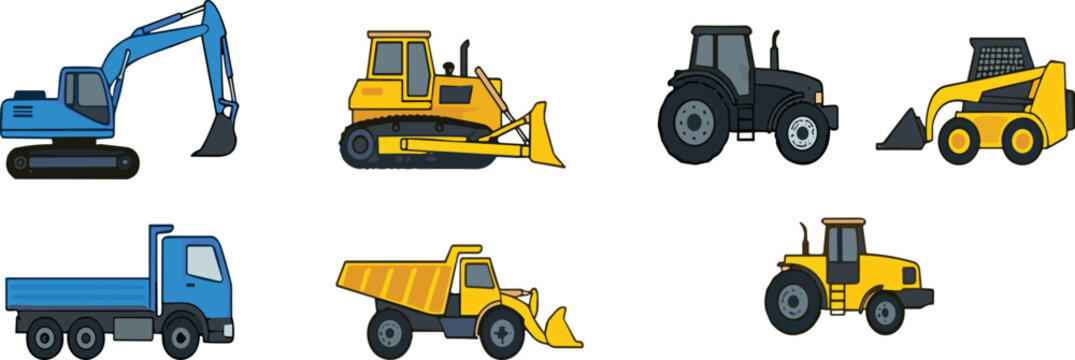 Construction and industrial vehicle collection vector illustration with excavator, bulldozer, dump truck, tractor, and skid steer loader