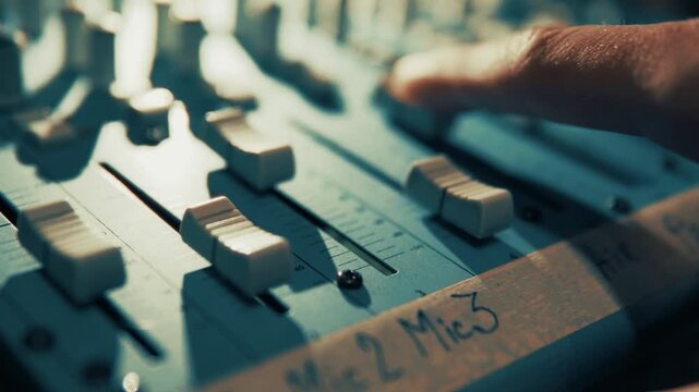 Sound Engineer Adjusting Faders on Professional Audio Mixing Console. Music Producer Controlling Volume Levels in Recording Studio