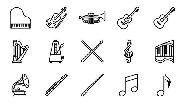 Set of musical instruments and music symbols icons, vector illustration isolated on white background