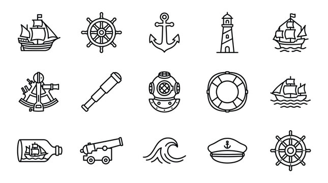 Set of nautical icons, maritime symbols, ship, anchor, lighthouse, steering wheel, telescope, lifebuoy, cannon, captain hat