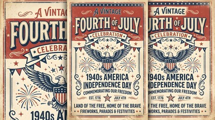 Obraz premium Vintage Fourth of July celebration poster with 1940s American patriotic elements and fireworks