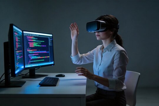 Woman using VR headset at computer