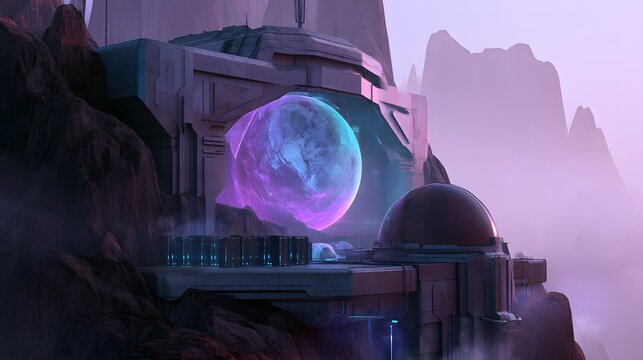 Futuristic research outpost blends seamlessly into mountains showcasing a holographic planetary view