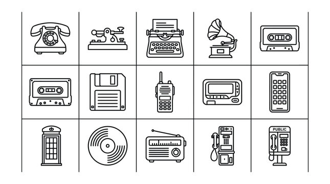 Set of vintage communication and media technology icons, including telephone, typewriter, gramophone, cassette, floppy disk, walkie talkie, pager, mobile phone, radio, and public phone booth