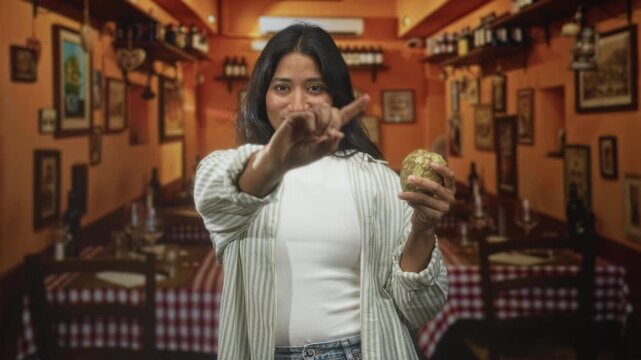 Woman holding soursop points finger to camera in restaurant building interior; playfulness invitation.