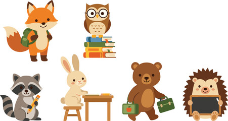 Cute Woodland Animals Back to School Vector Character Set Featuring Fox, Owl, Rabbit, Bear, Raccoon, and Hedgehog with Educational Supplies © Lal