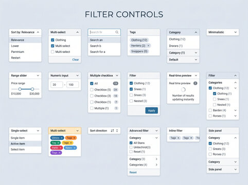 Filter controls design. User Interface components. UI kit set for dashboard web app search tools.