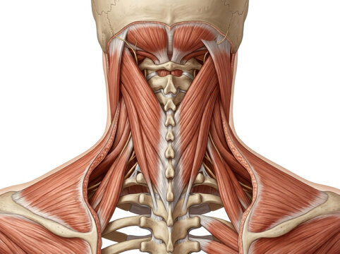 Detailed illustration of human neck muscles and skeletal structure from behind