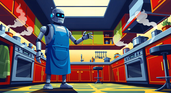 Humanoid robot wearing a blue apron standing in a modern kitchen. Robotic assistant surrounded by steaming pots and colorful cabinets. Smart home automation and AI domestic service concept.