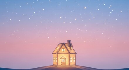 Fototapeta premium Whimsical Illuminated House Under a Starry Sky at Dusk, Dreamlike Scene.