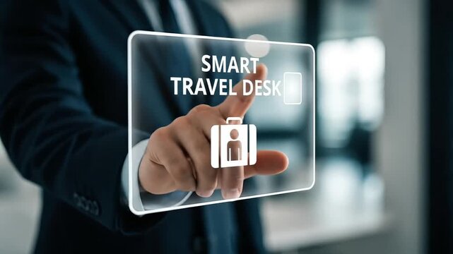 Hand touching a transparent screen displaying the words SMART TRAVEL DESK with futuristic interface