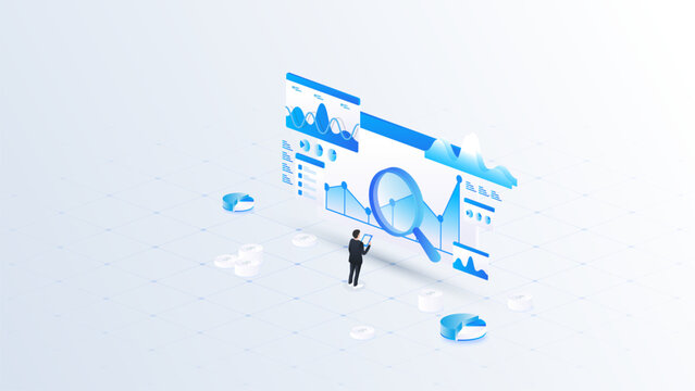 Isometric stock market financial data analyzing with magnifying glass, business analyzing digital stock market chart concept in blue digital style
