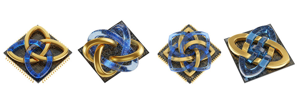 Set of 3D gold and glass knots on electronic computer processor chips