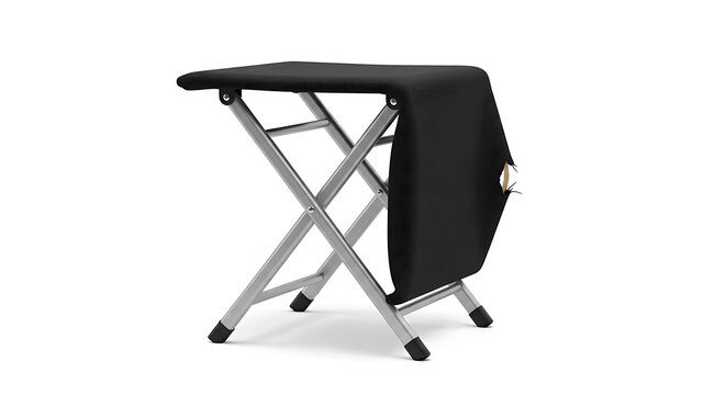 Collapsible camping stool with black fabric seat and sturdy silver metal frame isolated on white background for travel outdoor recreation and portable furniture design concepts