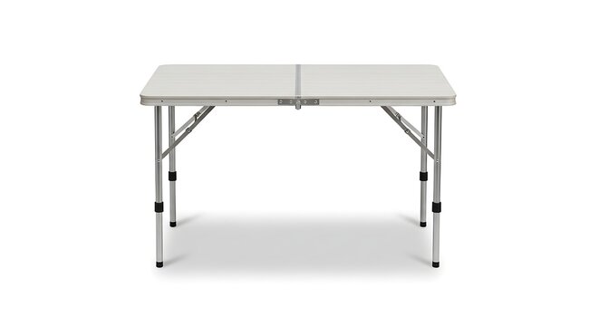 Portable folding camping table with aluminum frame and white surface isolated on white background for outdoor gear retail and adventure travel marketing and picnic equipment display