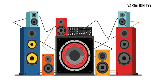 Colorful audio speakers and sound mixer setup