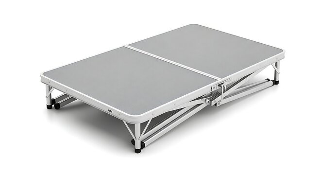 Collapsible portable camping table made of lightweight metal and grey surface isolated on white background studio product photography