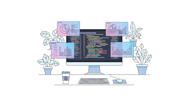 Computer coding, data analysis, and office plants illustration