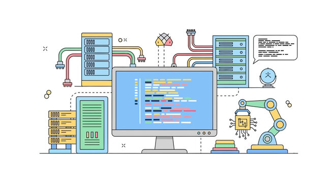 Computer programming, coding, robot arm, data center, technology illustration